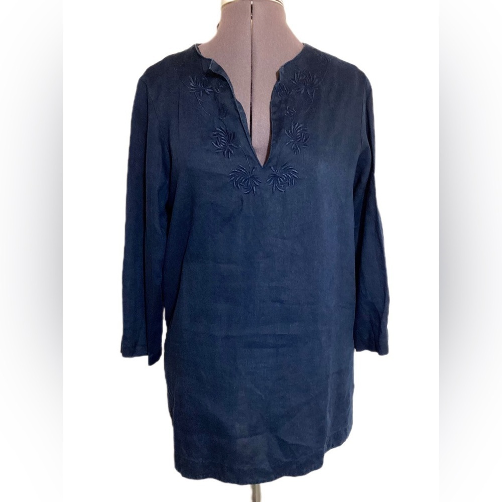 Chaps Classic Linen Tunic Top Size M Navy Embroidered Boho Neutral Resortwear